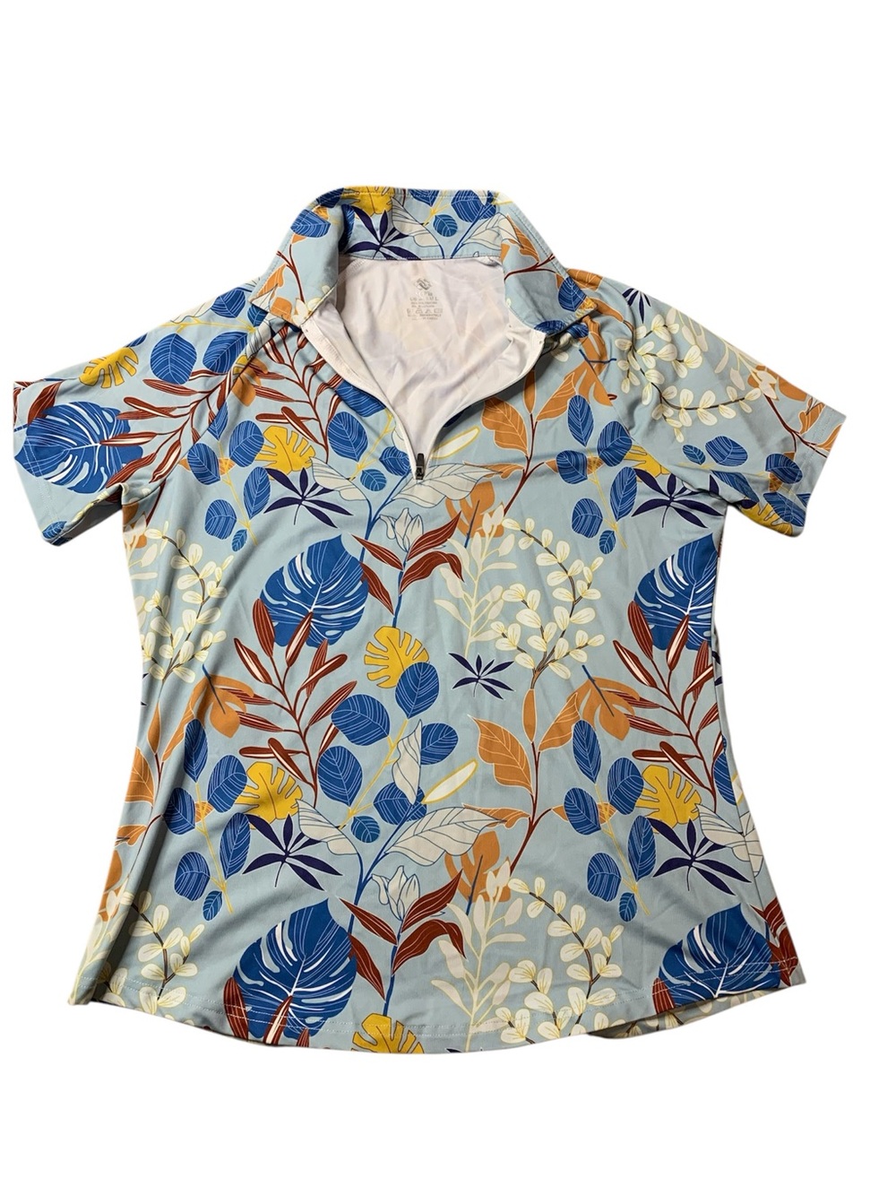 MoFiz Blue Tropical Leaf Print Zip Polo Golf Shirt Athletic Top M